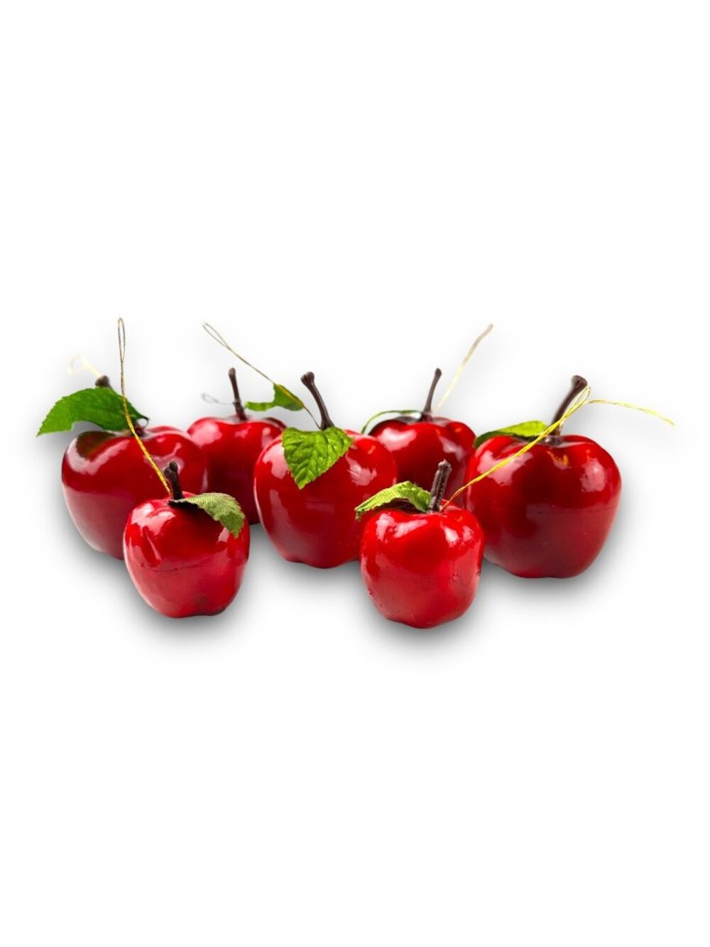Set Of 7 Faux Red Apple Ornaments With Green Leaves & Stems For Seasonal Decor O